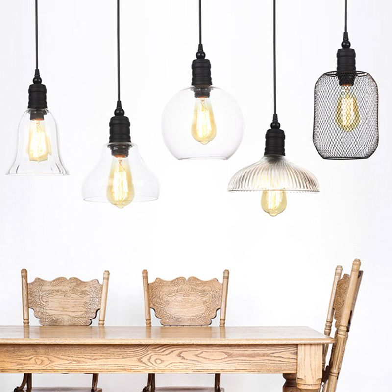 Lámpara colgante de sombra de vidrio transparente Estilo industrial Vintage Luz colgante de una sola bombilla con alambre de suspensión ajustable de 39.3 "