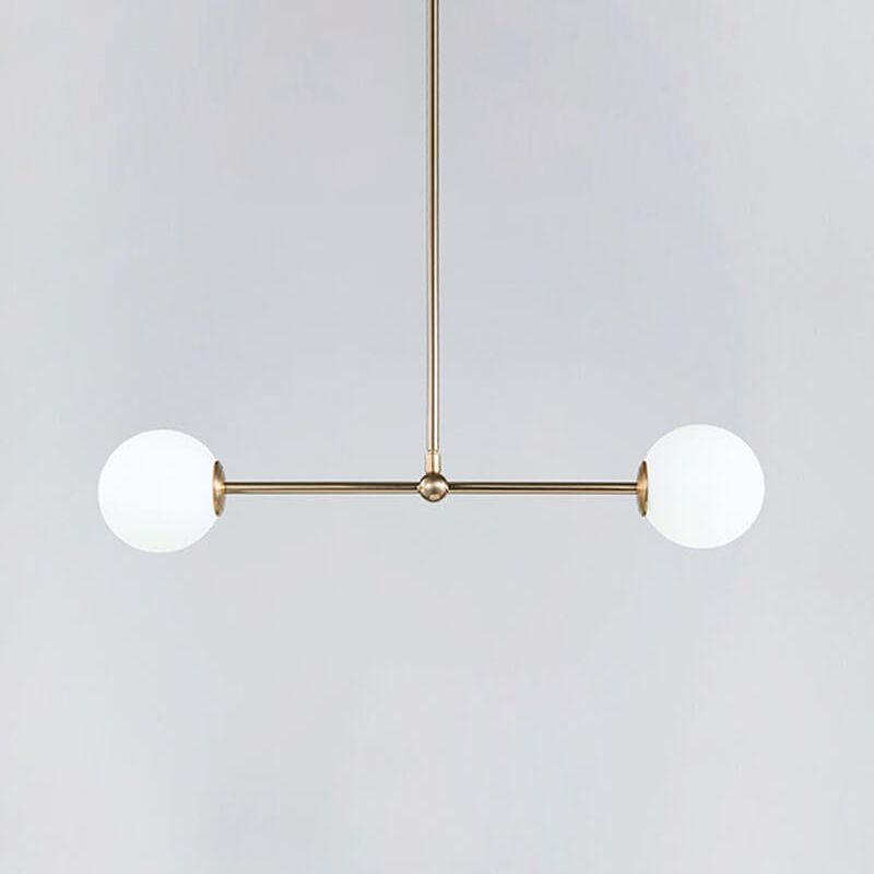 Minimalist Bar Shaped Pendant Light Metallic 2 Lights Postmodern Chandelier in Gold with Orb White Glass Shade