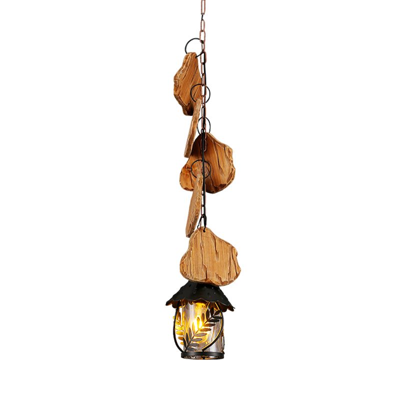 Kerosene Dining Room Pendant Lamp Factory White Fabric/Clear Glass 1-Light Black Wood Down Lighting with Leaf Pattern