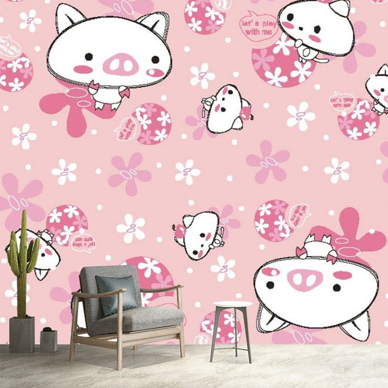 Pink Cat and Pig Murals Cartoon Childrens Art Stain-Proof Wall Covering for Baby Room