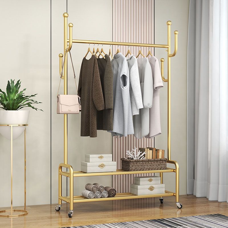 Elegant Metal Clothes Hanger Free Standing Double Storage Shelving Coat Rack with Castors