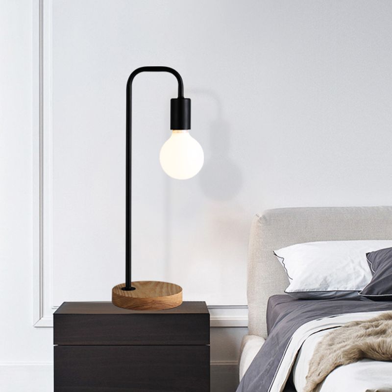 Industrial Bulb Shaped Night Light 1 Head Iron Table Lamp in Black with Wooden Base for Bedroom