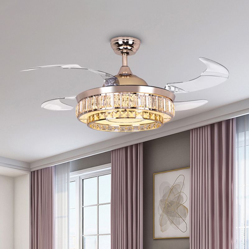 4 Blades Semi Flush with Drum Shade Crystal Contemporary Living Room Pendant Fan Lighting in Gold, 19.5" W