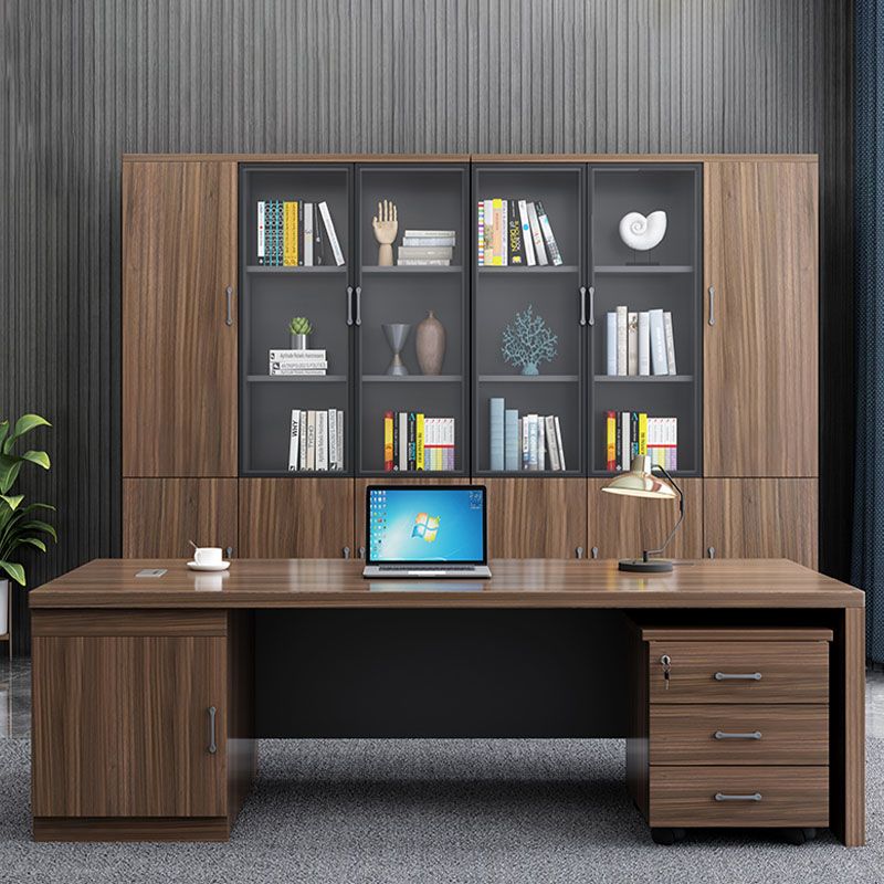 Rectangular Shaped Executive Desk Wood with 3 Drawers in Brown