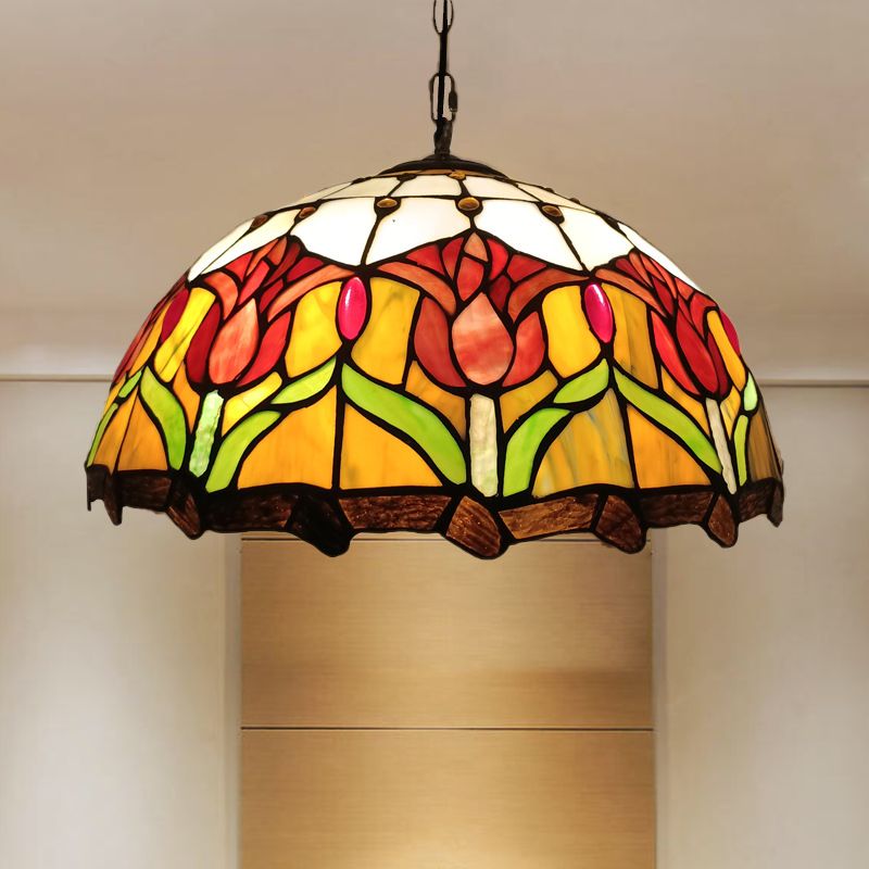 Jaune 3 lumières Plafond lustre victorien coupé à la main fleur en verre pendant suspendu