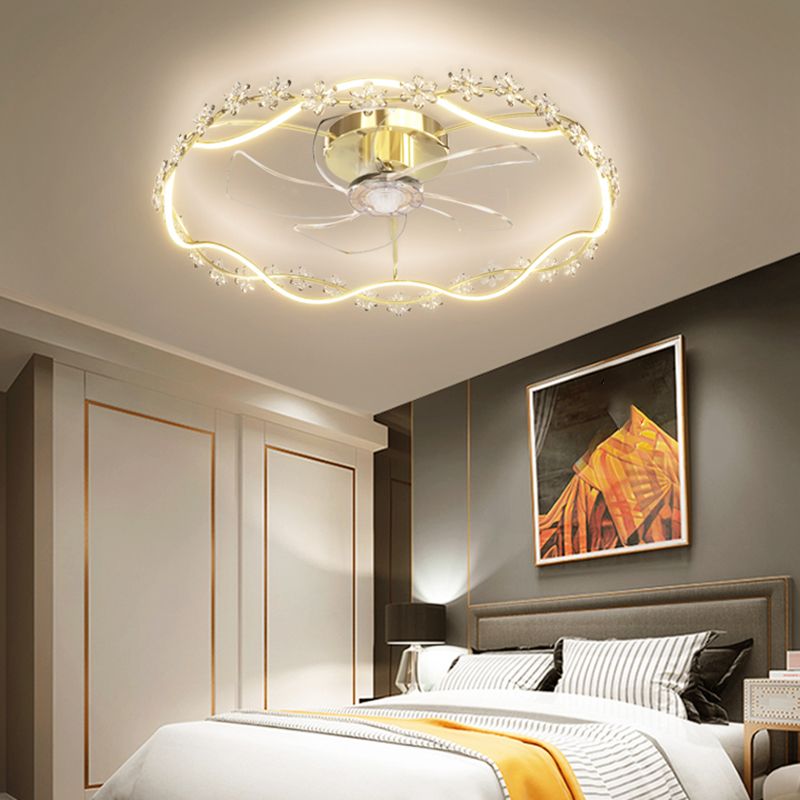 Modern Round Fan Lighting Fixture in Gold Metal and Acrylic LED Ceiling Fan