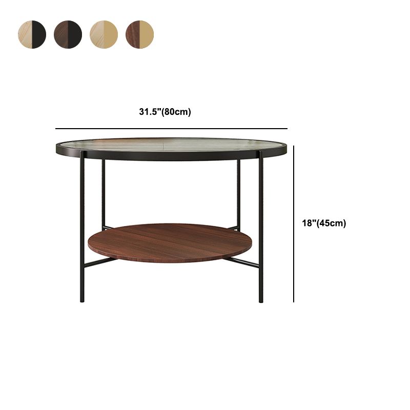 Contemporary Round Glass Top Coffe Table with Wooden Shelf 1 Piece