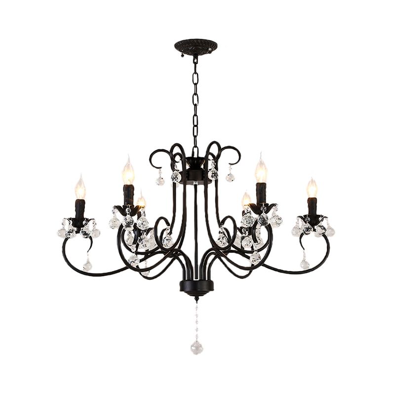 Bent Arm Frame Ceiling Light Vintage 6/8 Lights Black Suspension Light for Living Room with Crystal Drop