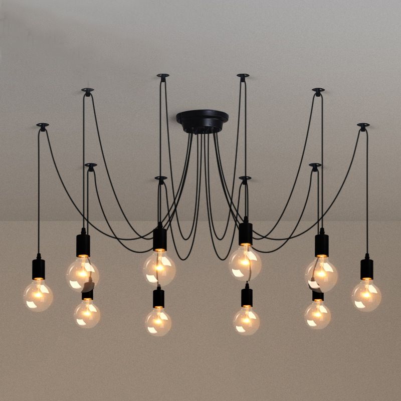 Industriële blootgestelde lamp swag hanger metallic multi -light kroonluchter in zwart voor woonkamer