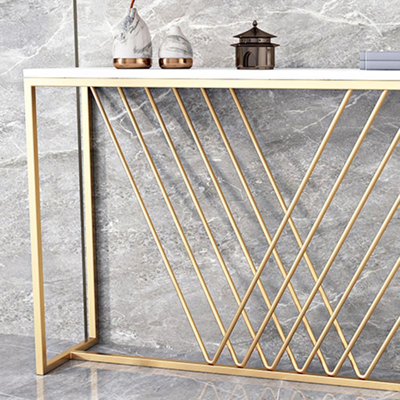 Glam Style Console Table with Rectangle Marble Top and Iron Trestle Base