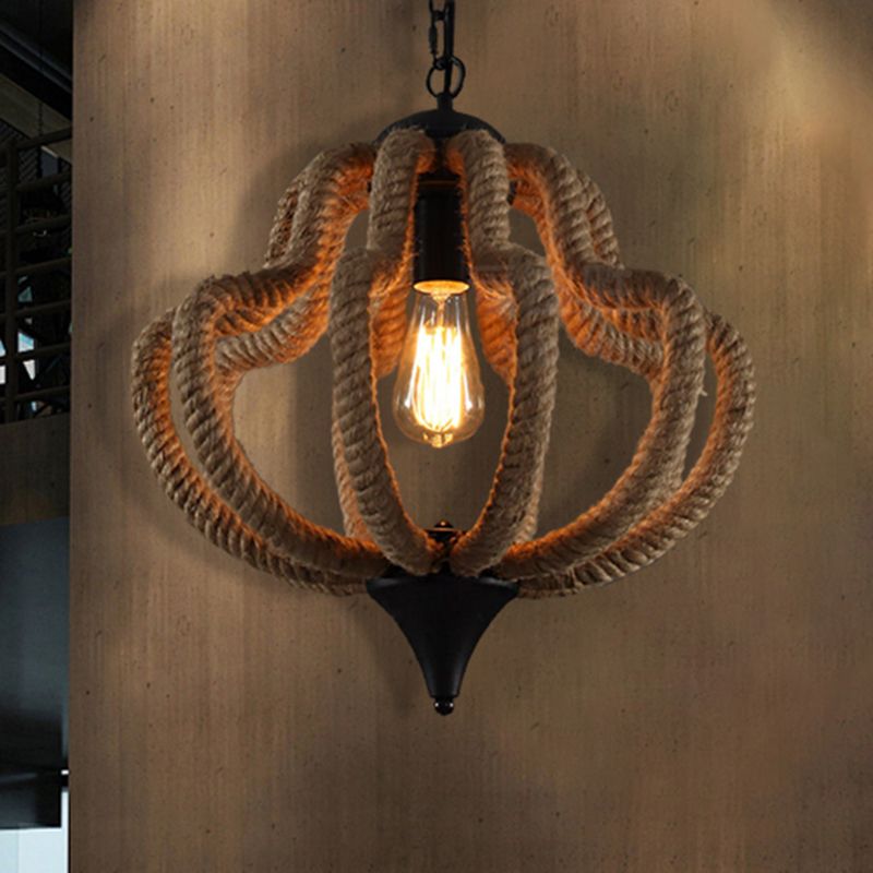 1 Light Hanging Ceiling Light with Geometric Shade Rope Industrial Dining Room Pendant Lighting in Beige