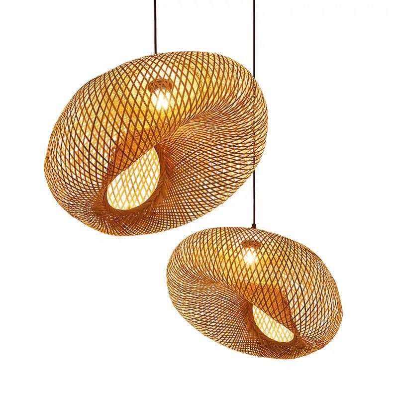 Beige Hand-Worked Pendant Chinese Style Single Light Bamboo Hanging Light for Dining Table