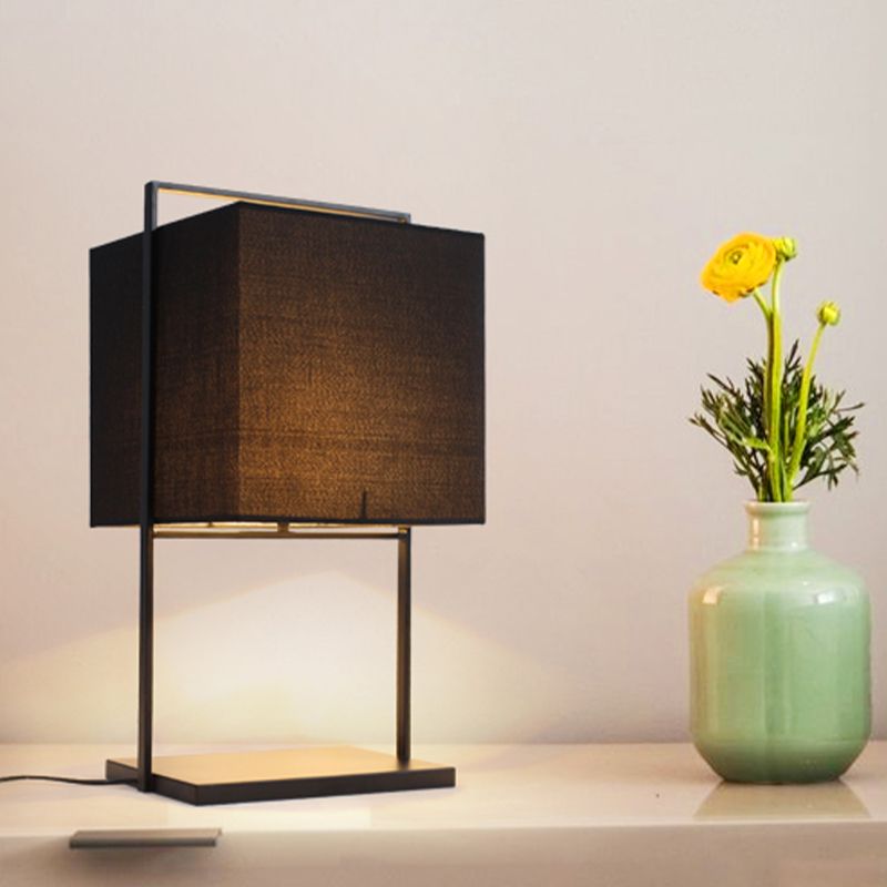 Modern Cube Nightstand Light Fabric 1 Bulb Living Room Table Lamp with Rectangle Stand in Black