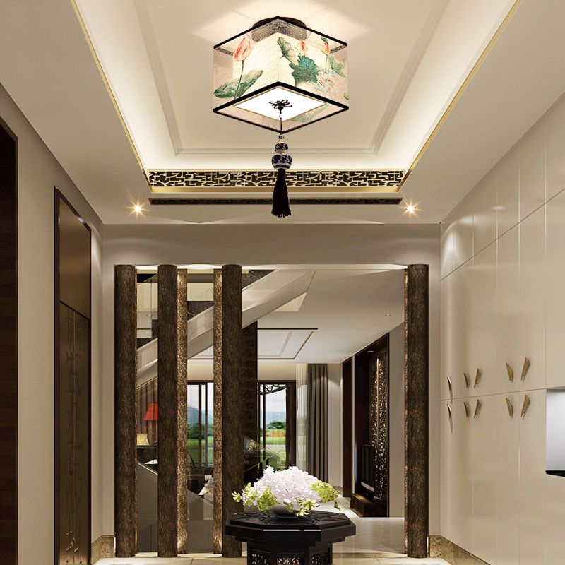 1-Light Geometric Ceiling Light in Traditional Artistic Style Fabrics Semi Flush Mount for Corridor