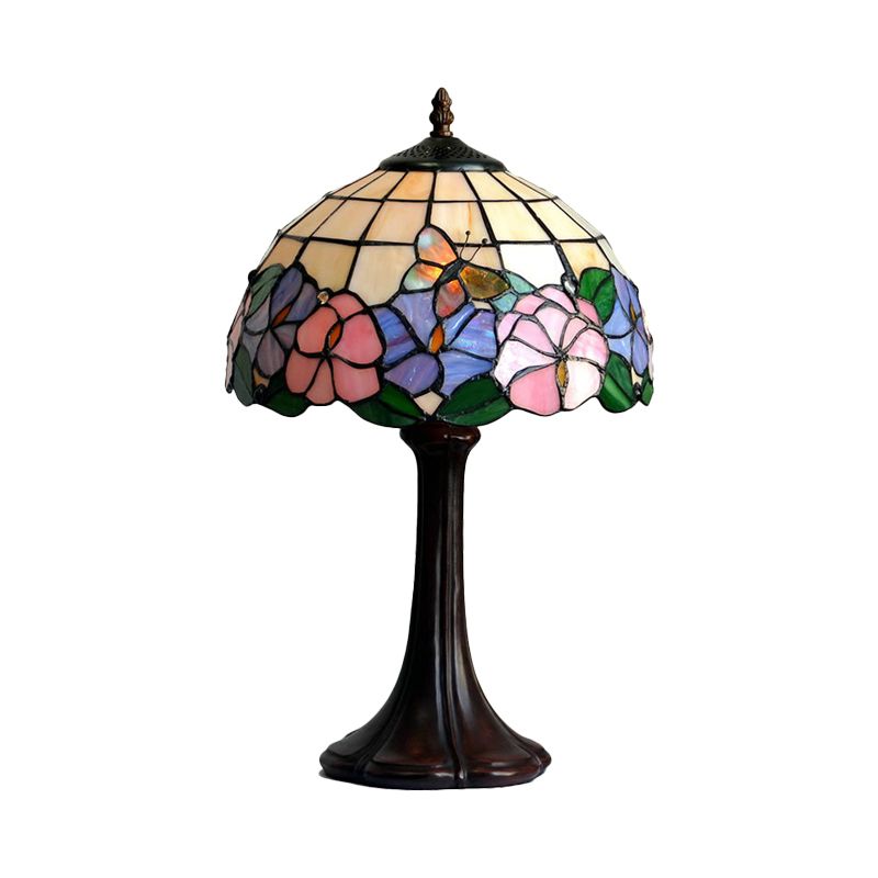 Tiffany Grid Shade Table Lamp 1-Light Hand-Crafted Glass Night Light with Flower and Butterfly Pattern in Coffee