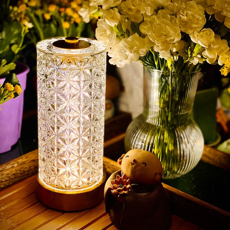 Crystal Glass Cylindrical Night Lamp Minimalist Gold LED Table Light for Living Room