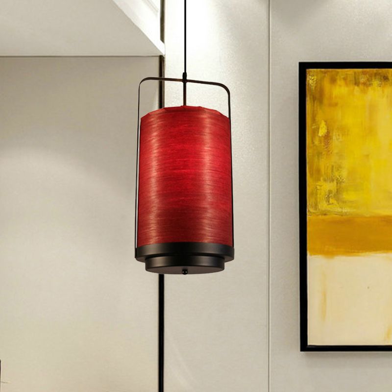 Cylindrical Pendant Lamp Modern Fabric 1 Light White/Red/Green Hanging Light Fixture for Dining Room