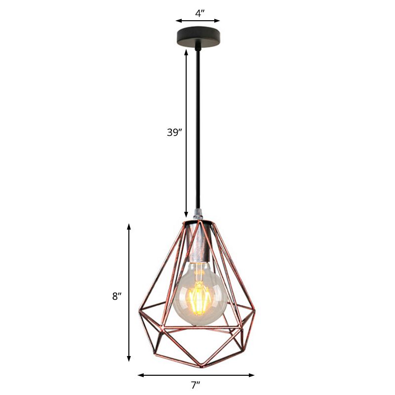 1-Light Pendant Ceiling Light Country Diamond Wire Cage Wrought Iron Pendant Lamp in Black/Copper/Gold for Living Room