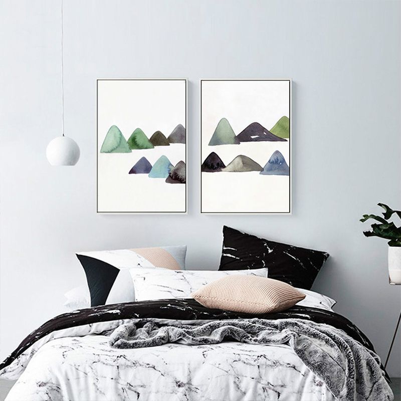 Cute Mountains Drawing Wall Art Asian Textured Canvas Print in White for Dining Room