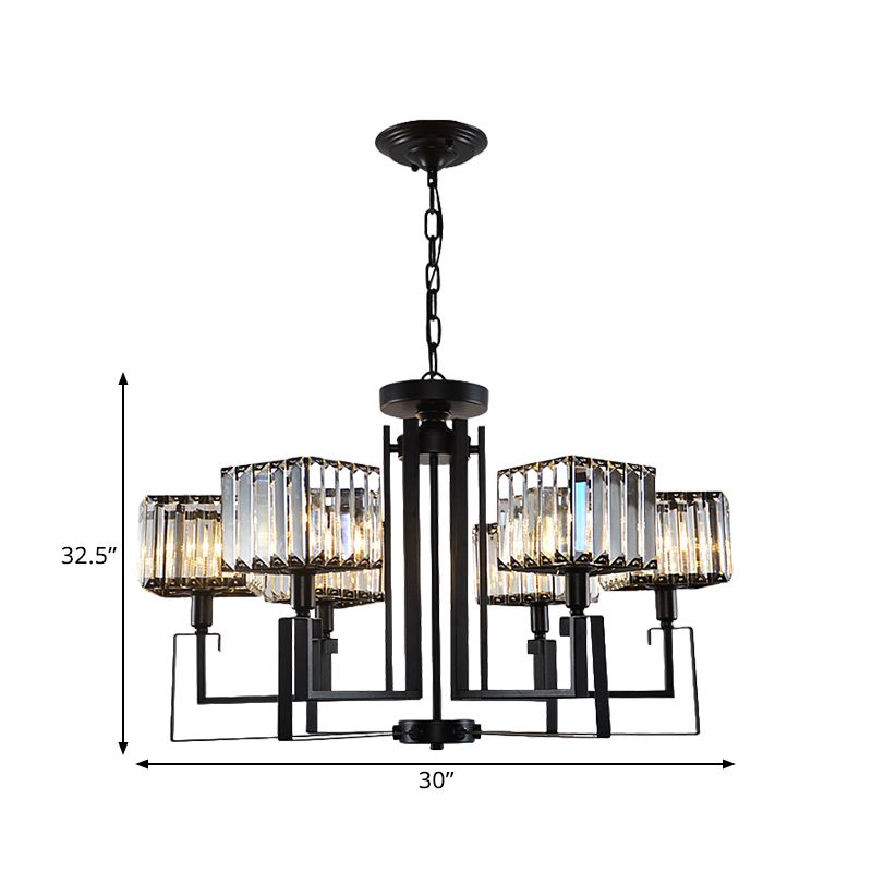 6/8 Heads Crooked Metal Frame Hanging Light Modern Black Clear Crystal Cubic Shade Chandelier Lighting