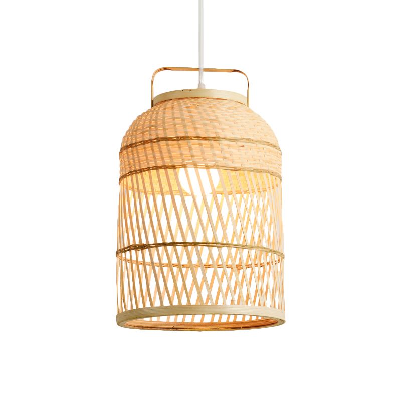 Rustic Bird Cage Hanging Light Bamboo 1 Bulb Ceiling Pendant Lamp in Wood with Handle