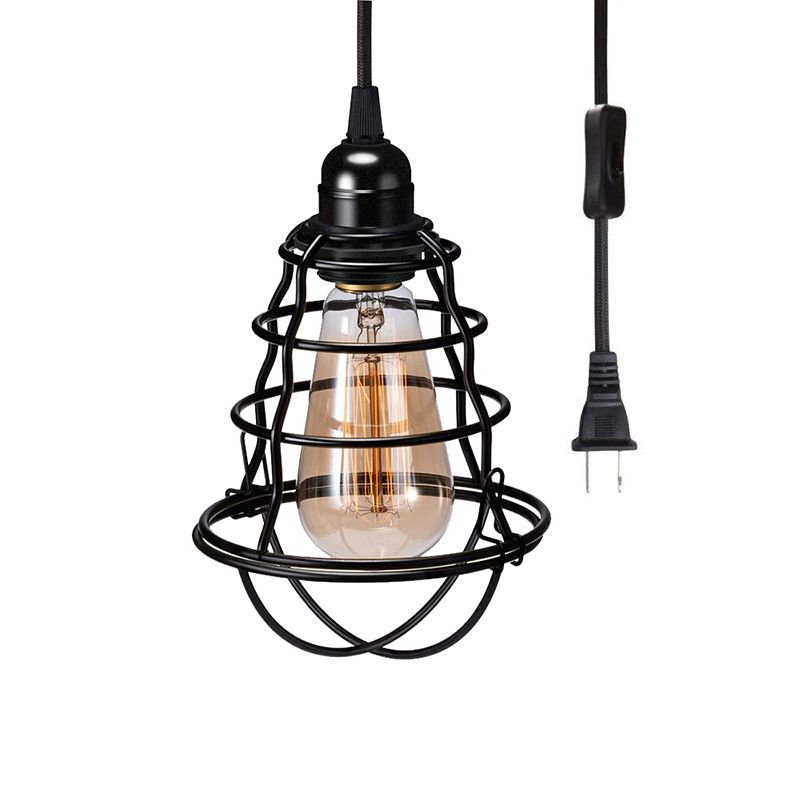 Éclairage pendentif léger noir 1 lampe suspendue conique industrielle pour café avec cage