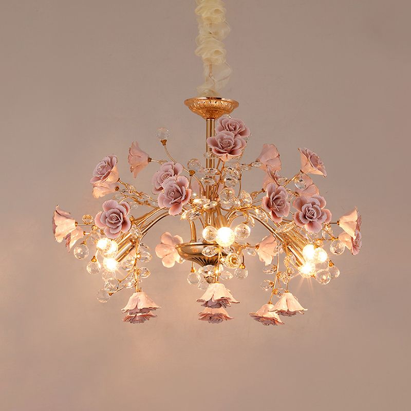 Luxury Crystal Chandelier Rural Ceramic Flower Sala de estar colgando Luz en rosa