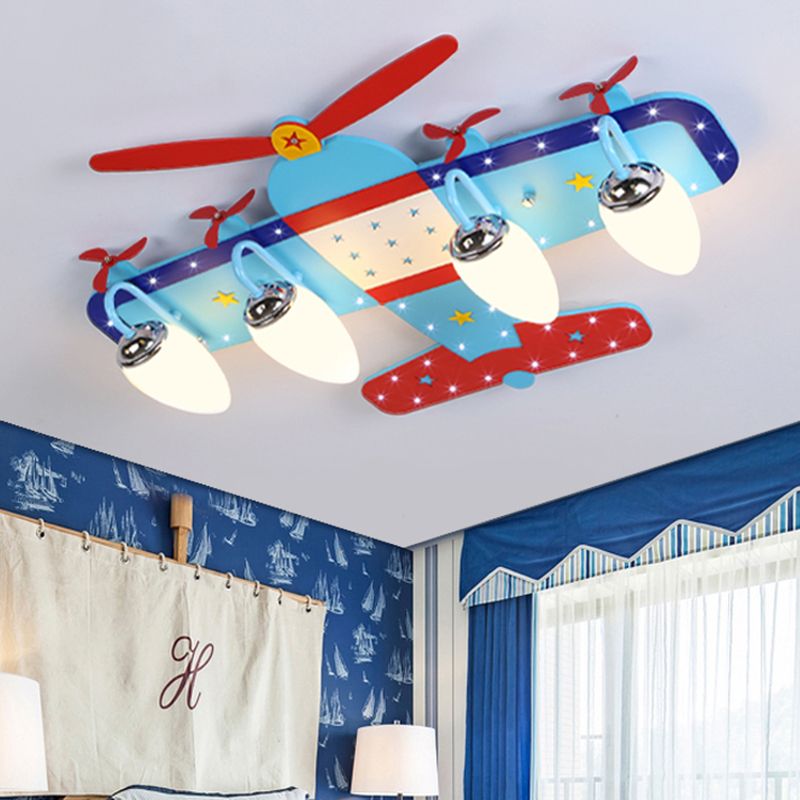 Lampada da soffitto a forma di cartone animato per camera da letto per bambini, con montaggio a incasso per aereo a elica in legno in blu