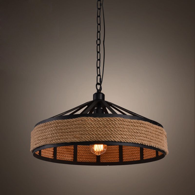 Drum Metal Pendant Light Industrial 1 Light  Rope Hanging Lamp in Black