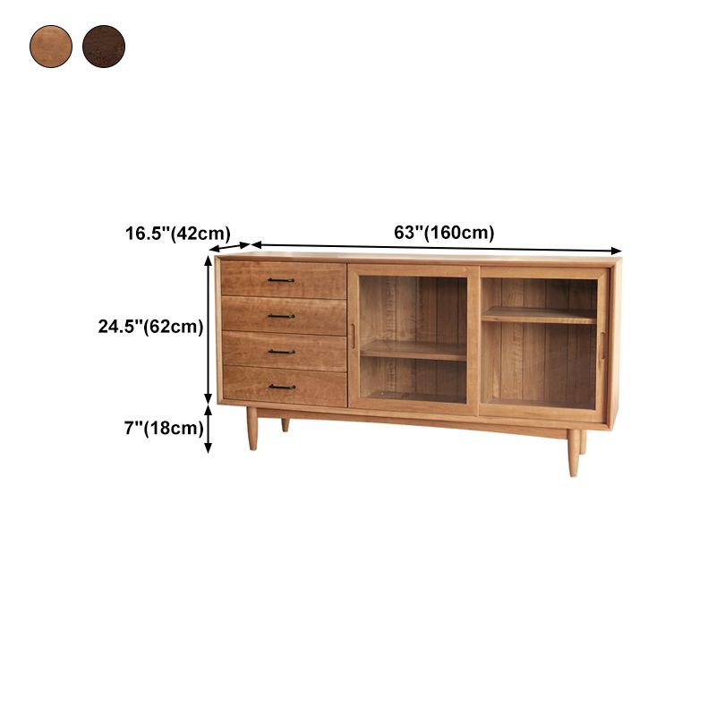 4-Drawer Pine Wood Credenza Modern Glass Sliding Door Cabinets Sideboard for Living Room