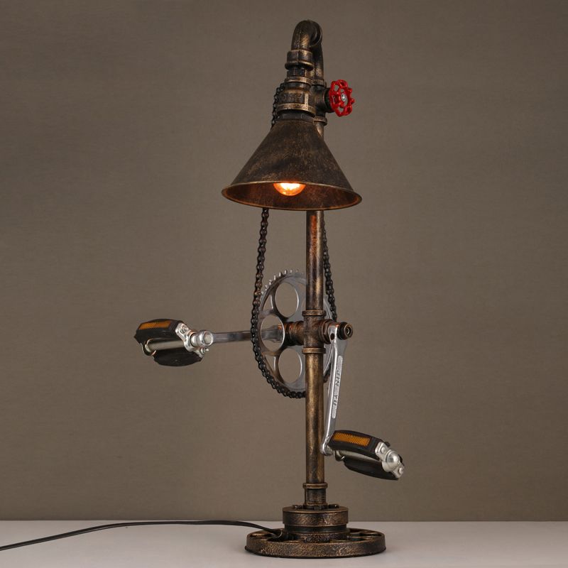 Steampunk Conical Table Lighting with Bicycle Design 1 Bulb Wrought Iron Table Lamp in Brass for Living Room