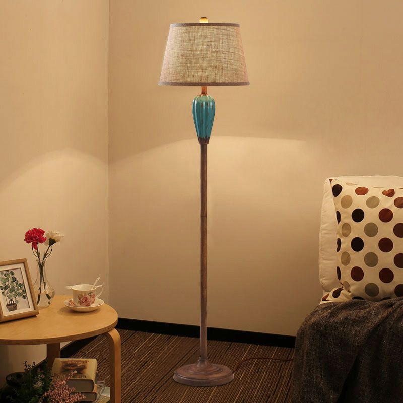 Red/Blue Urn Shape Standing Light Retro Style Porcelain 1 Head Guest Room Floor Lamp with Tapered Fabric Shade