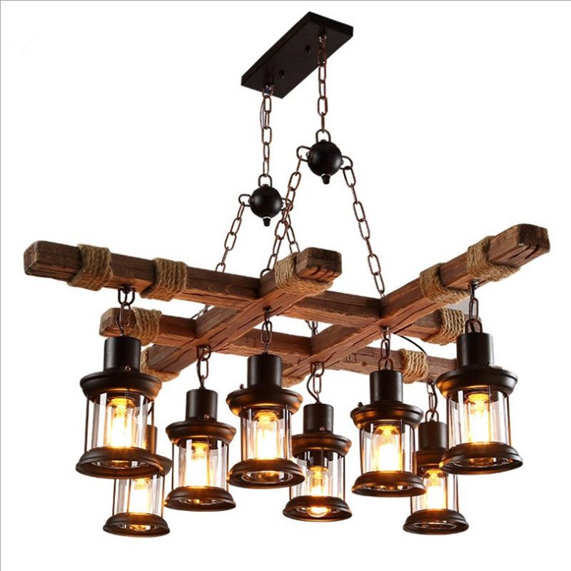 8 Light Chandelier Pendant Light Lodge Wood and Iron Rope Pendant Hanging Lights in Black for Restaurant