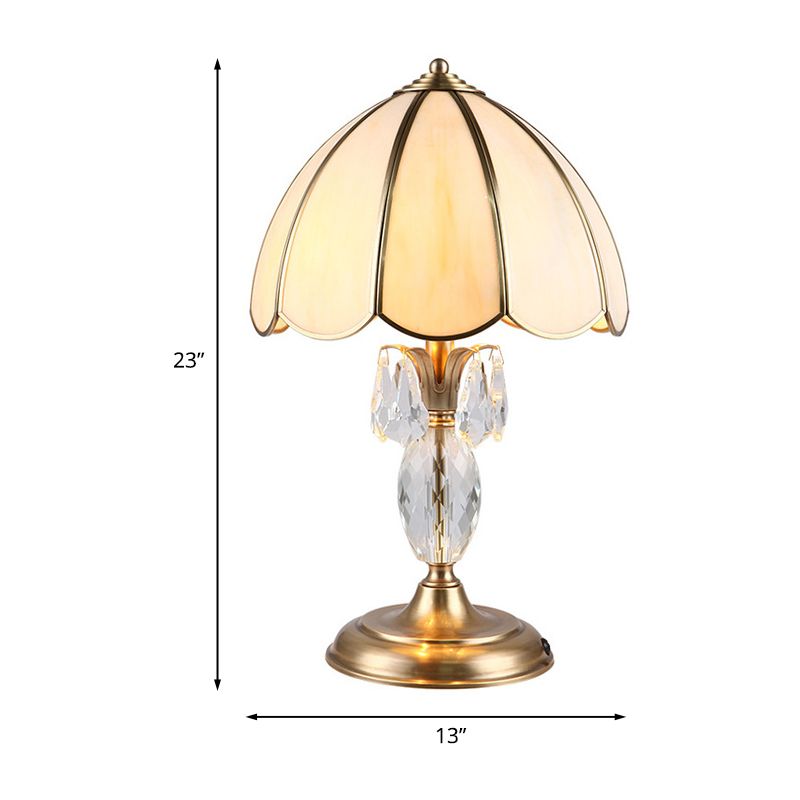 1 Light Beige Glass Table Lighting Classic Gold Dome Bedroom Night Lamp with Clear Crystal Accent