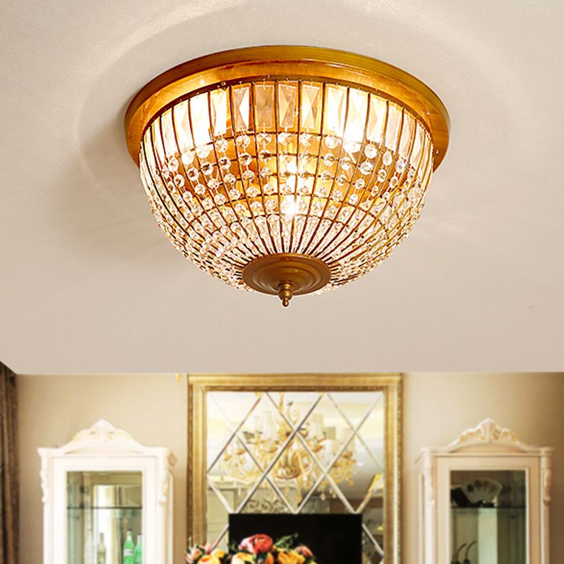 3 Lights Hallway Flush Mount Light with Dome Crystal and Metal Shade Postmodern Brass Ceiling Mount, 14"/18" Wide