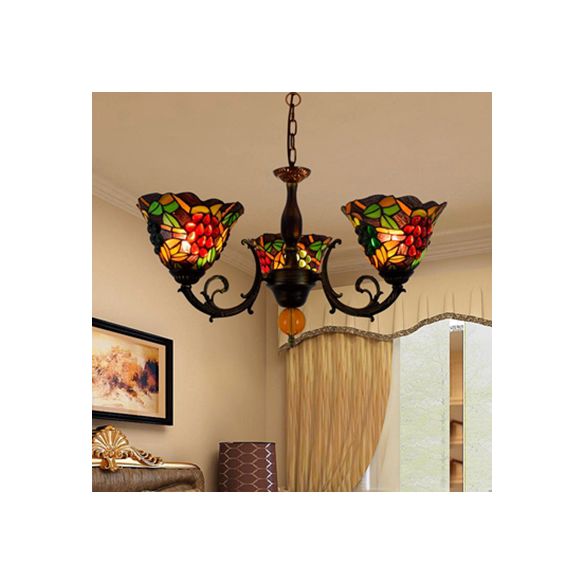 Multicolored Bell Shade Chandelier Light Industrial Vintage Stained Glass 3 Lights Grapes Inverted Chandelier