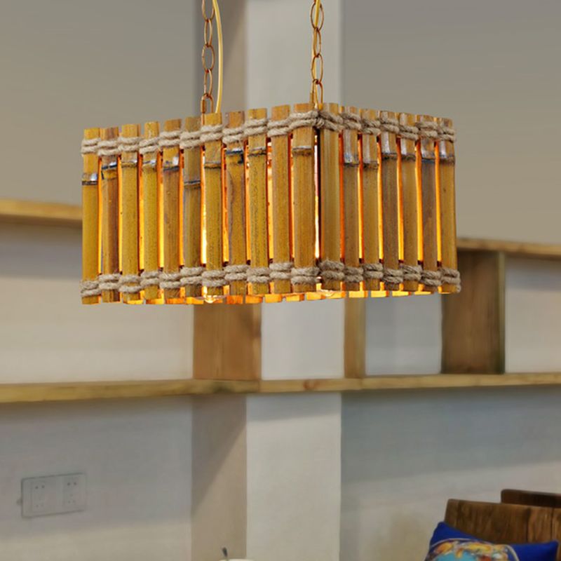 Bamboo Yellow Chandelier Lighting Rectangle 2 Bulbs Industrial Style Ceiling Hang Fixture with Rope