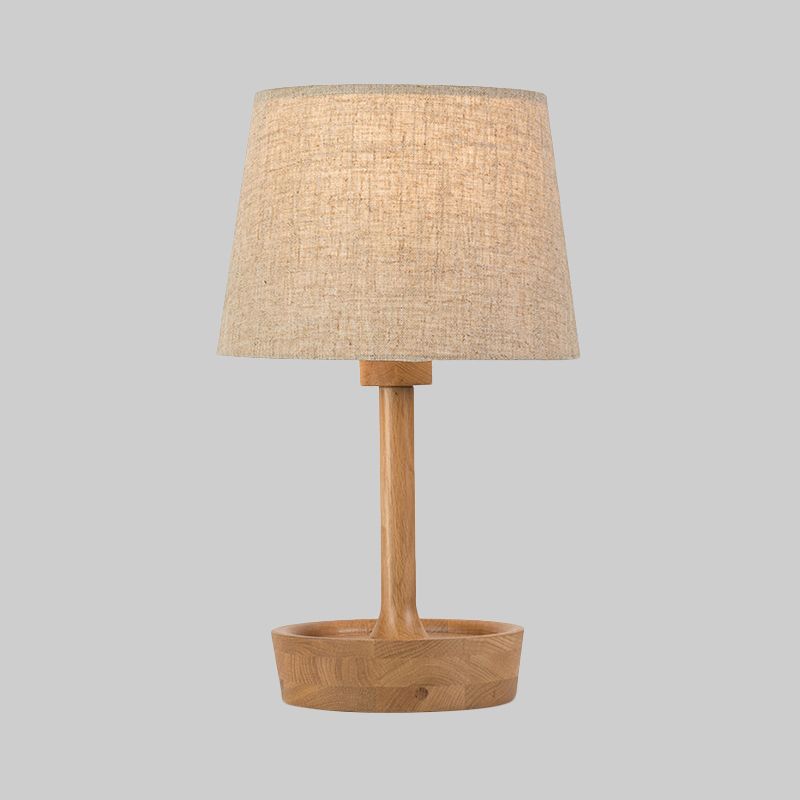 Cone Shade Fabric Task Lamp Modern 1 Bulb Flaxen/White Reading Light, Round Beige Wood Base