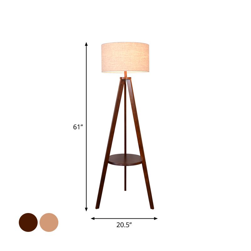 Tri-Leg Sitting Room Floor Lighting Wood 1 Head Modern Floor Lamp with Drum Fabric Shade in Beige/Brown