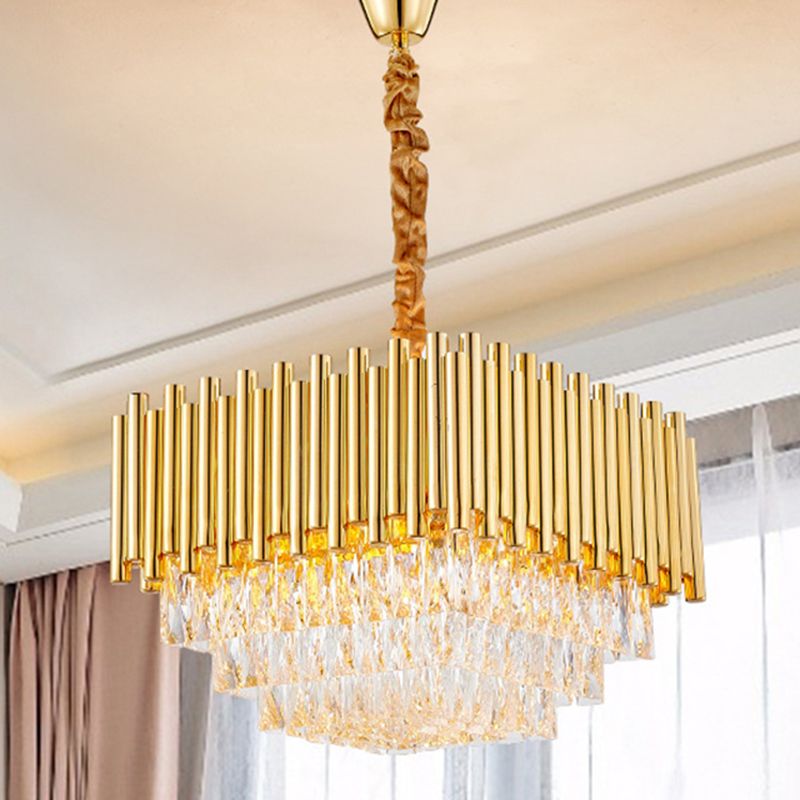 Golden Square Hanging Ceiling Light with Crystal Block Vintage 6/10/12 Lights Chandelier Lamp, 16"/19.5"/23.5" Width