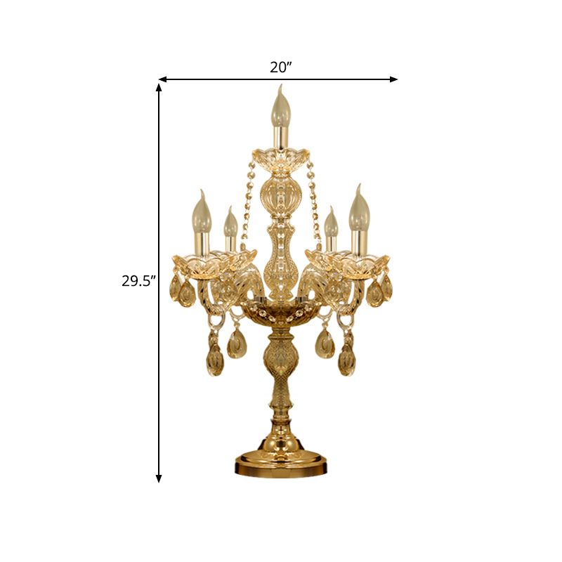 5/6 Heads Candelabra Table Light Traditional Gold Crystal Droplets Nightstand Lamp with/without White Bell Fabric Shade