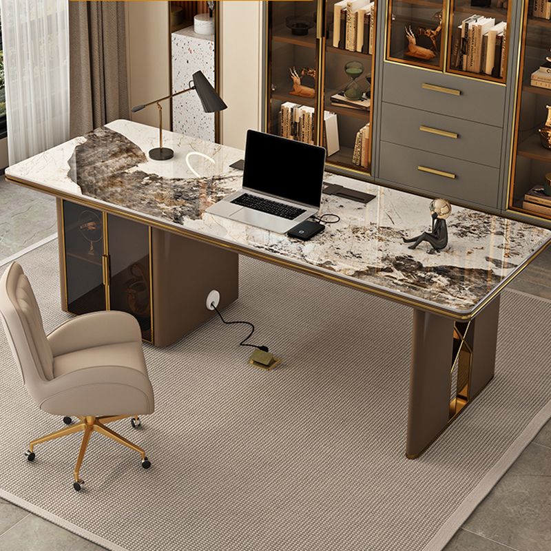 Modern Style Stone Office Desk Rectangular Shape Conference Table with 2-Legs in Brown