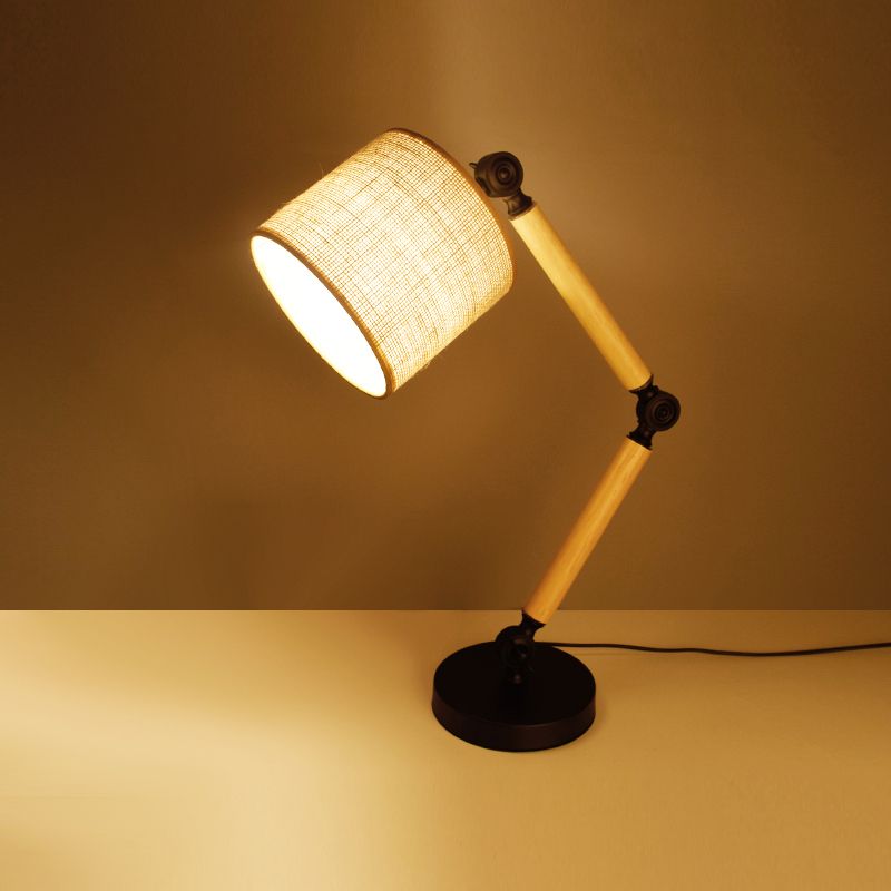 Simple Cylinder Desk Light Fabric 1 Light Bedroom Table Lamp in Black with Wood Adjustable Arm