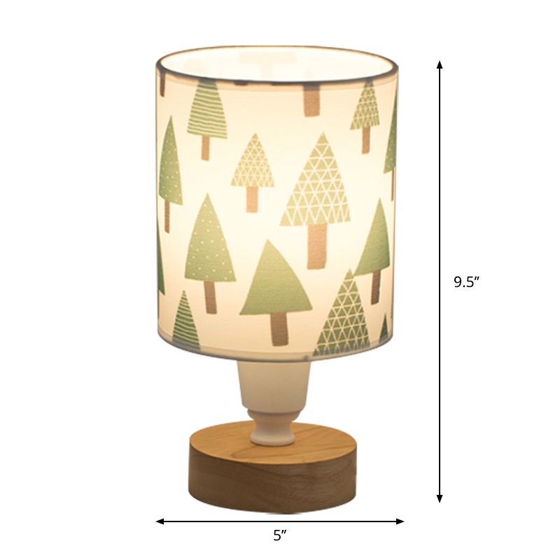 Fabric Cylinder Desk Light Modern 1-Bulb Reading Lamp with Tree/Fish/Cactus Deco and Wooden Base in White