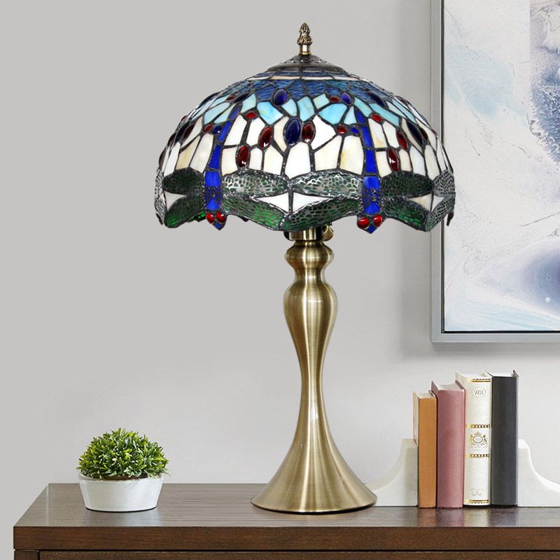 1-Head Bowl Shape Table Lighting Tiffany Green Dragonfly Glass Nightstand Lamp in Gold