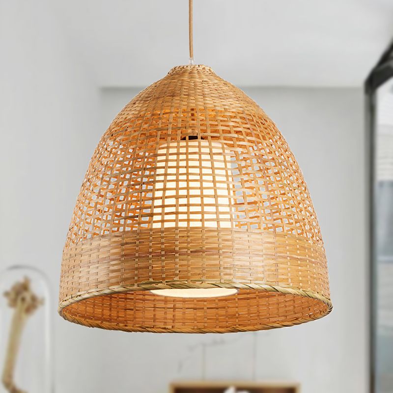 Grid Bell Living Room Hanging Lamp Bamboo Single-Bulb Asian Suspension Pendant Light in Beige