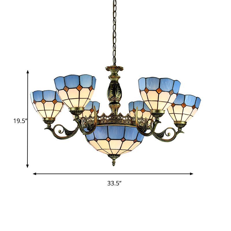 Blue 9 Lights Pendant Chandelier Nautical Stained Glass Dome Ceiling Light for Living Room