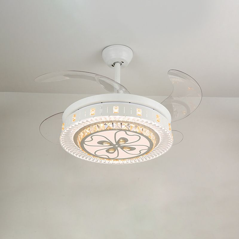 19" Wide White Layered Ceiling Fan Light Modernist LED Crystal Semi Flush Mount, 4 Blades