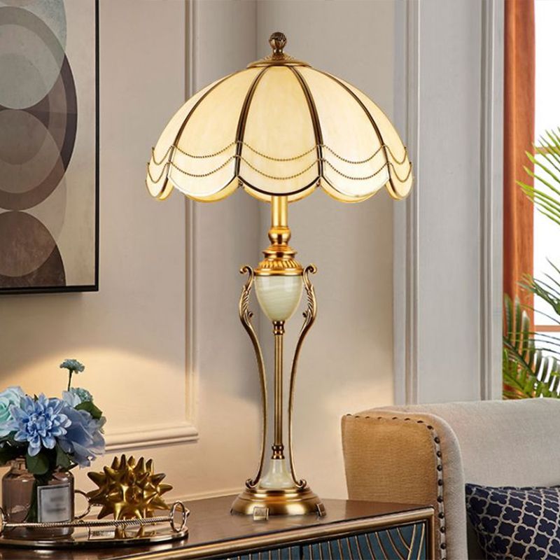 Metal Bronze Night Light Font Shaped 1 Bulb Traditional Table Lamp with Scalloped Lampshade