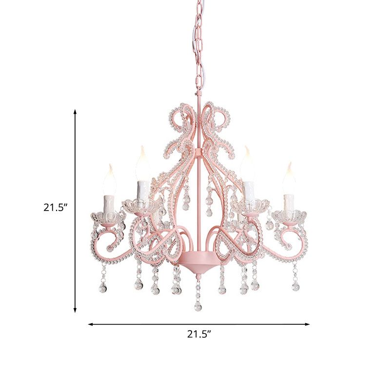 Crystal Beaded Pink Chandelier Lamp Candlestick 6 Lights Modern Pendant Light Fixture